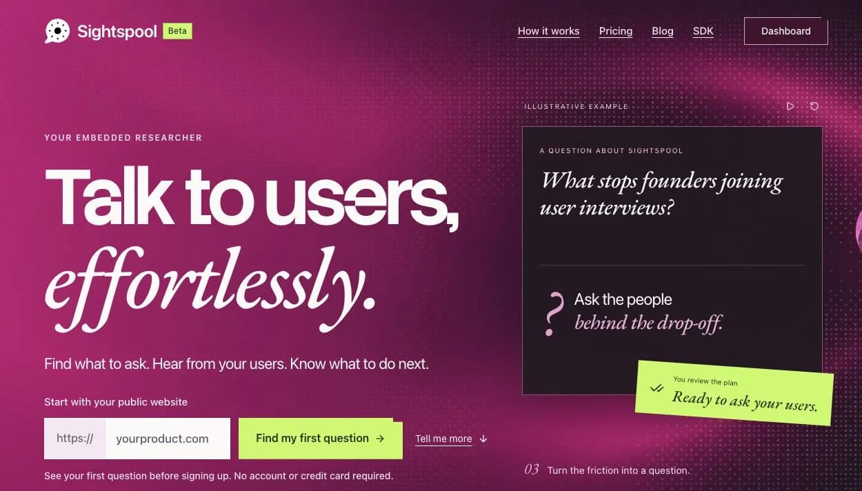 Sightspool homepage with its magenta ‘Talk to users, effortlessly’ hero and an illustrative research question.
